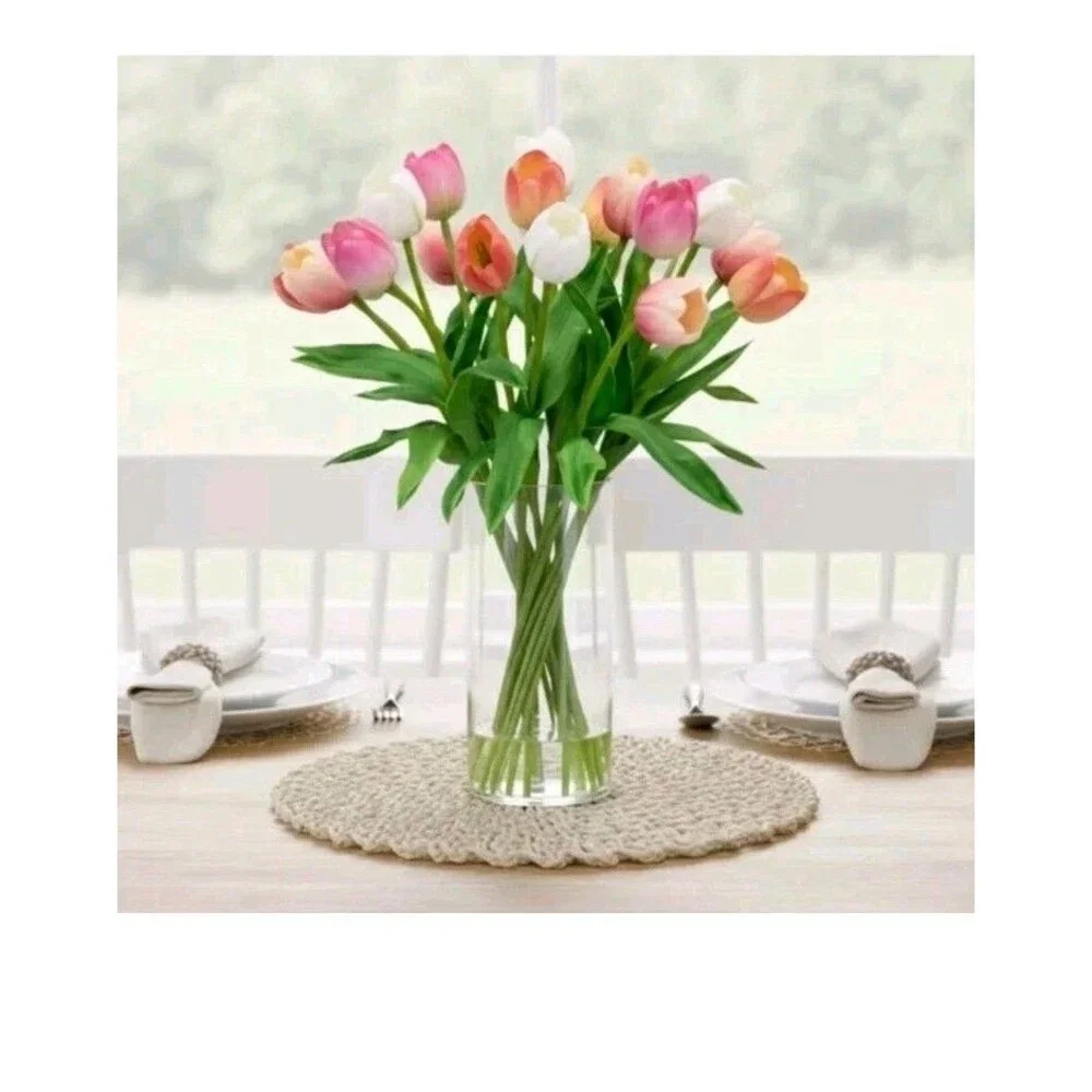 TULIPS FAKE ARTIFICIAL FLOWER FLORAL ARRANGEMENT SILK FLOWERS CERAMIC VASE NEW